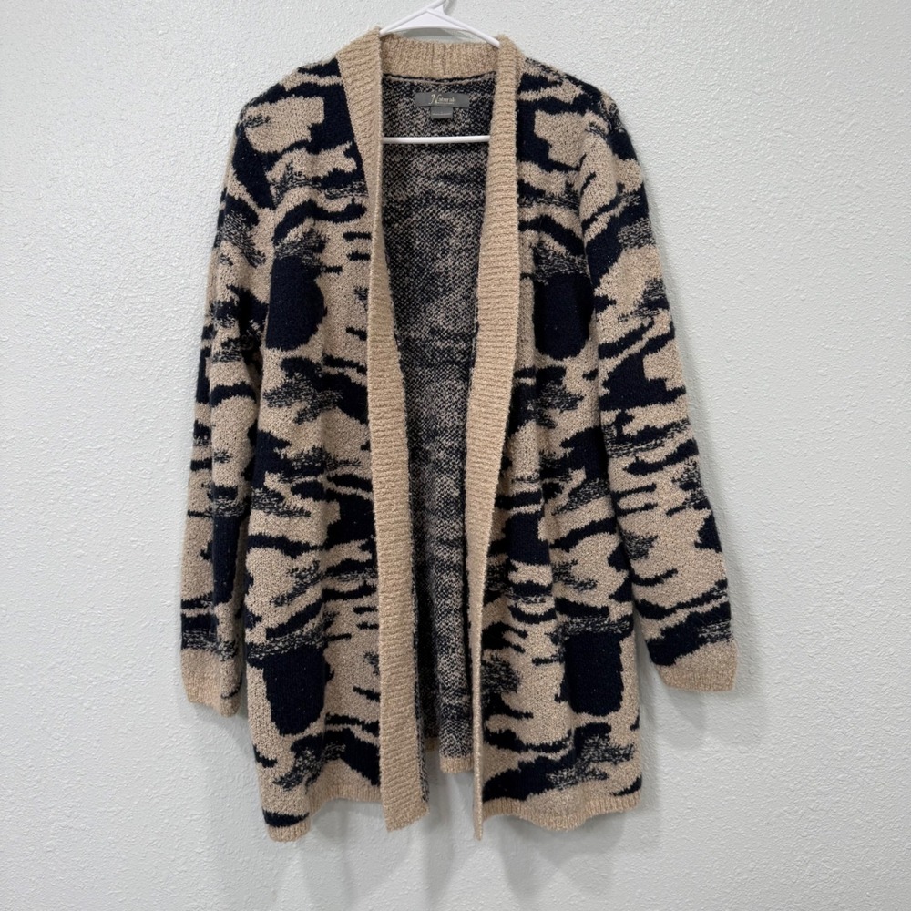 Natural Reflections Womens Camo Open Front Cardigan Tan Black Knit Sweater L